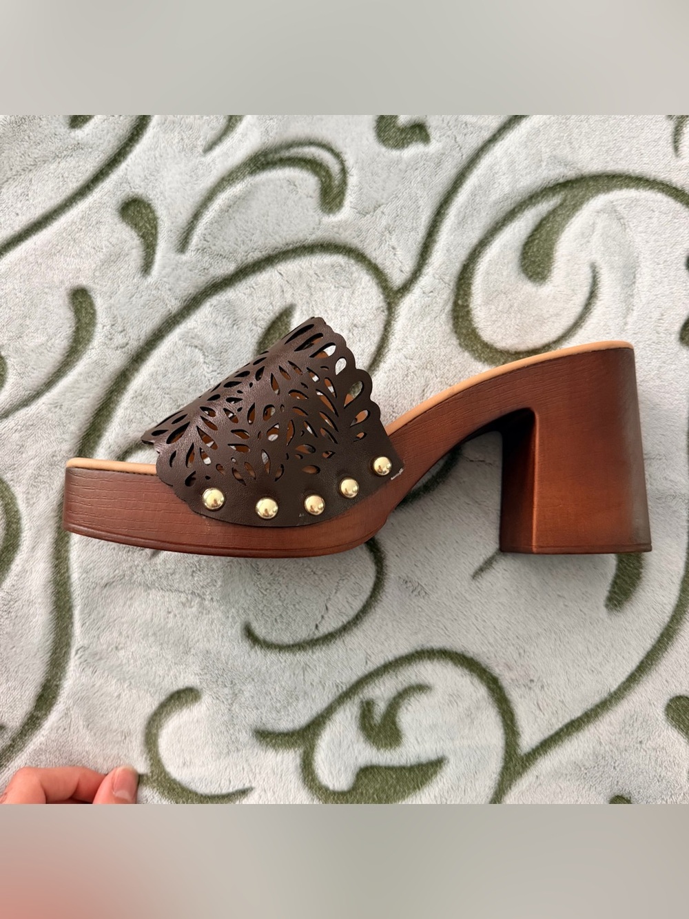 Madden Girl Brown Laser-Cut Platform Slide with Gold Studs - Picture 7 of 9